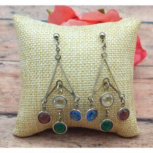 Silver Tone Statement Earrings Dangle Drop Bezel Set Colorful Crystals Geometric